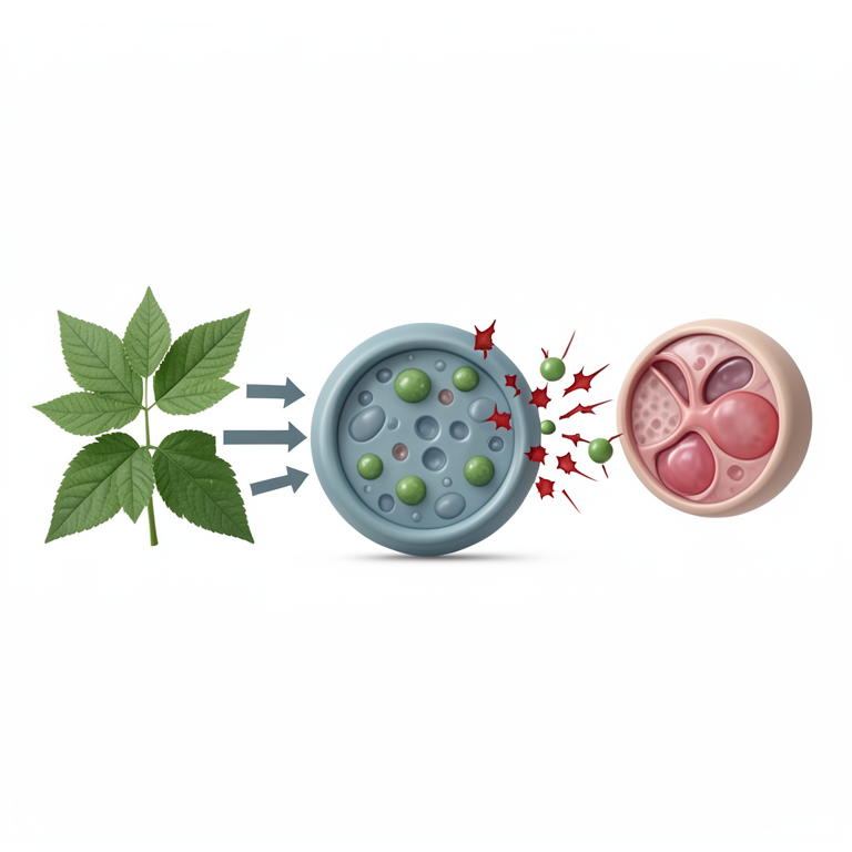 AI-generated conceptual illustration (Moringa oleifera leaves and a generic animal cell). It explains the idea and does not show study data.