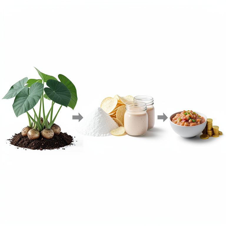 AI-generated conceptual illustration (Taro plants (Colocasia esculenta) and processed taro food products). It explains the idea and does not show study data.