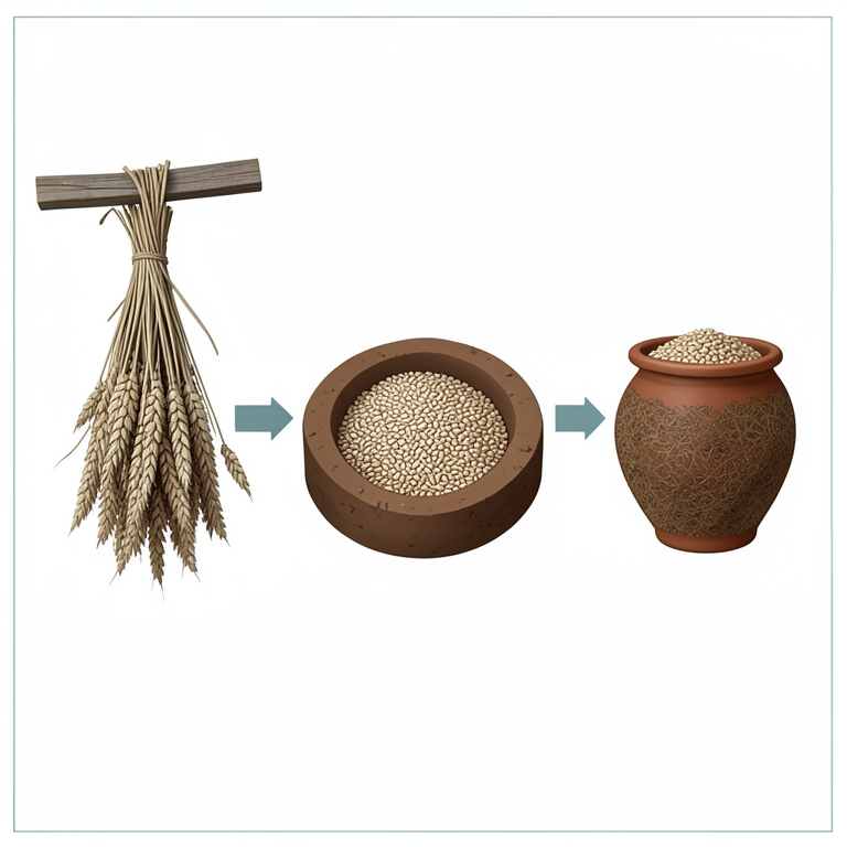 AI-generated conceptual illustration (food grains in traditional storage containers). It explains the idea and does not show study data.