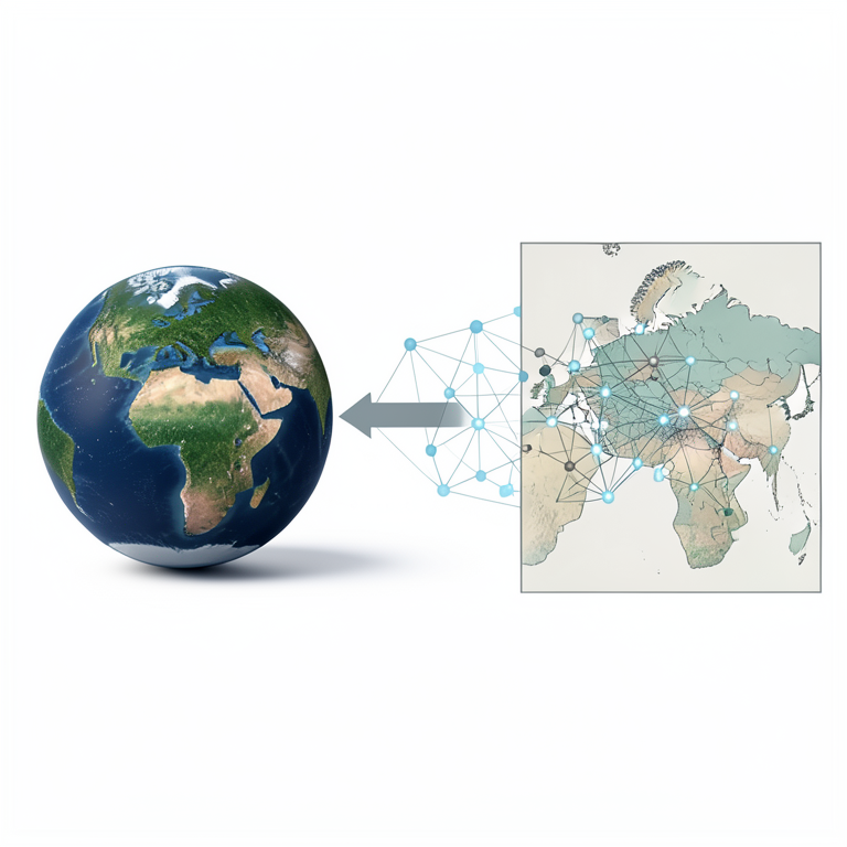 AI-generated conceptual illustration (A digital representation of Earth's surface and a neural network architecture). It explains the idea and does not show study data.