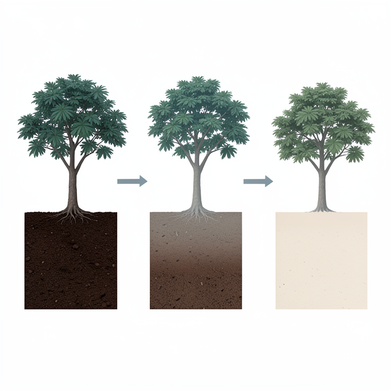 AI-generated conceptual illustration (Tropical tree species (Gmelina arborea, Nauclea dedirrichii, Tectona grandis, Irvingia gabonensis, and Anona moricata)}). It explains the idea and does not show study data.