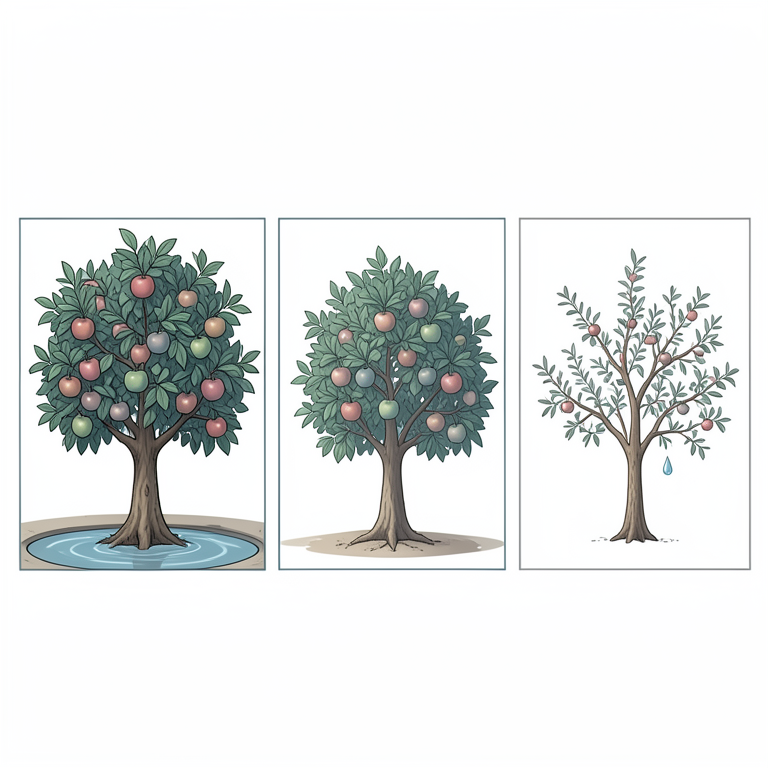 AI-generated conceptual illustration (apple trees in an orchard). It explains the idea and does not show study data.