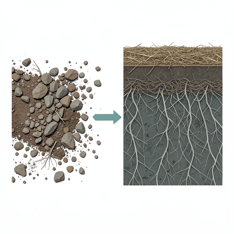 AI-generated conceptual illustration (agricultural soil profiles). It explains the idea and does not show study data.