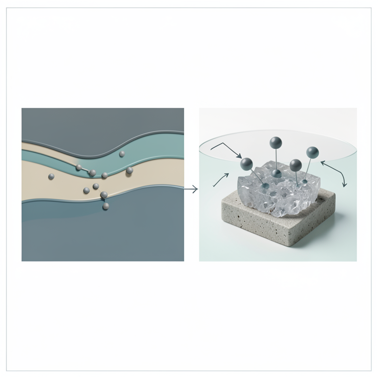 AI-generated conceptual illustration (phase transfer catalysts in liquid and solid chemical systems). It explains the idea and does not show study data.