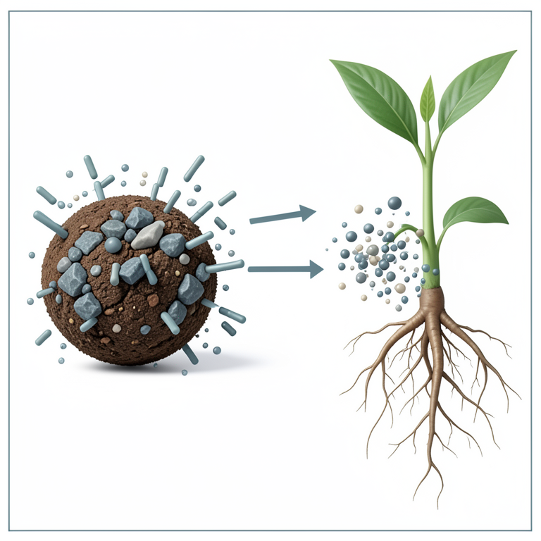 AI-generated conceptual illustration (soil particles, phosphate-solubilizing bacteria, and plant roots). It explains the idea and does not show study data.