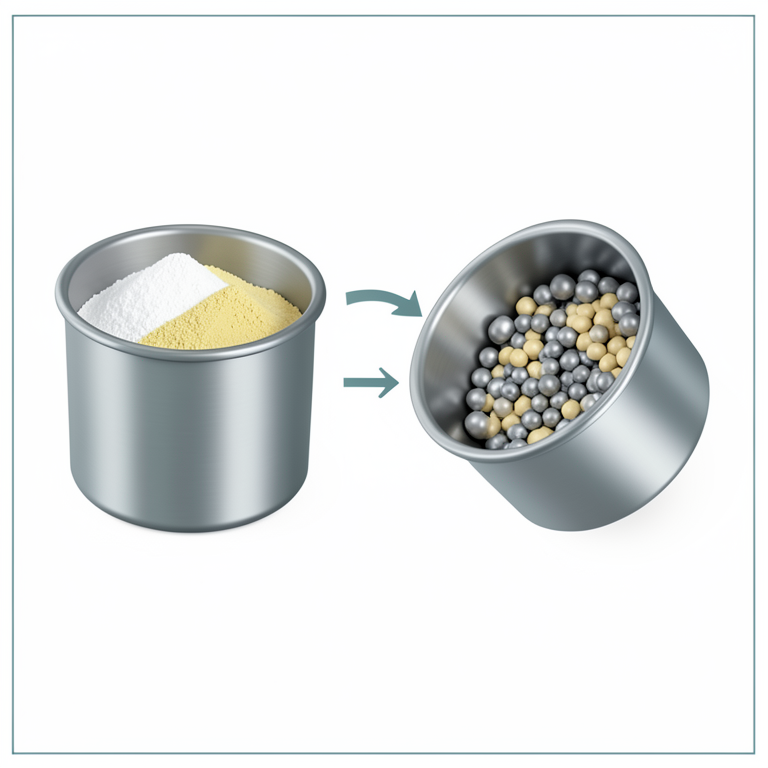 AI-generated conceptual illustration (stainless steel planetary ball mill jar with steel balls and solid chemical powders). It explains the idea and does not show study data.