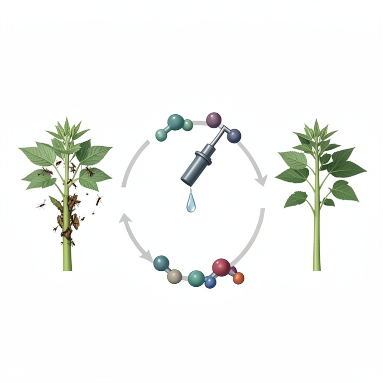 AI-generated conceptual illustration (Okra plants and insect pests). It explains the idea and does not show study data.