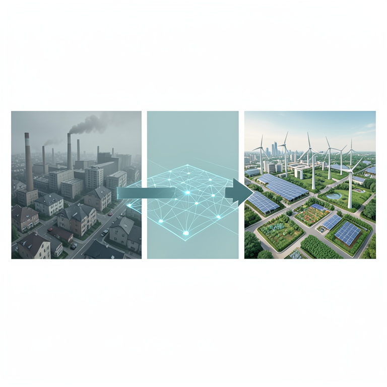 AI-generated conceptual illustration (A diverse urban landscape featuring a mix of industrial zones and residential neighborhoods with green energy parks). It explains the idea and does not show study data.