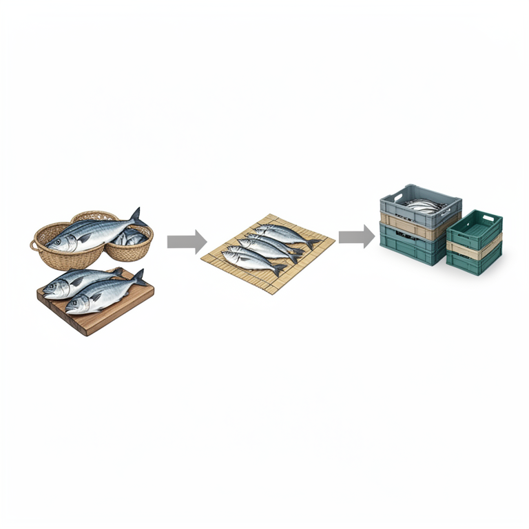 AI-generated conceptual illustration (Indian marine fish and traditional processing tools). It explains the idea and does not show study data.