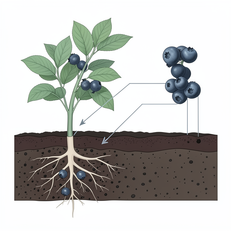 AI-generated conceptual illustration (Black blueberry plants in organic soil). It explains the idea and does not show study data.