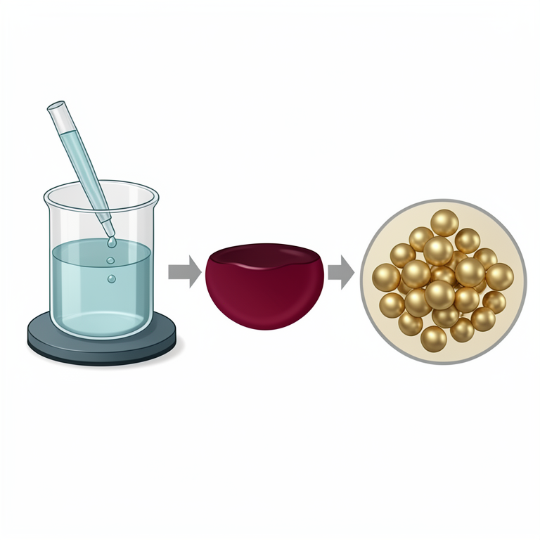 AI-generated conceptual illustration (Gold nanoparticles synthesized in a laboratory beaker). It explains the idea and does not show study data.