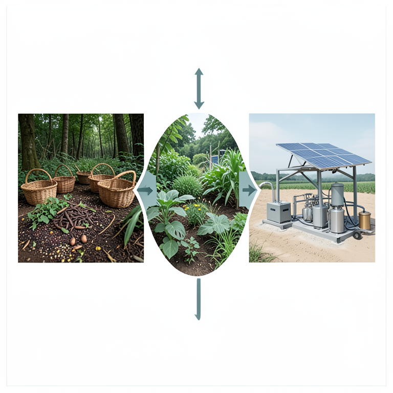 AI-generated conceptual illustration (Tribal forest landscape in West Bengal featuring indigenous crops and modern sustainable irrigation tools). It explains the idea and does not show study data.
