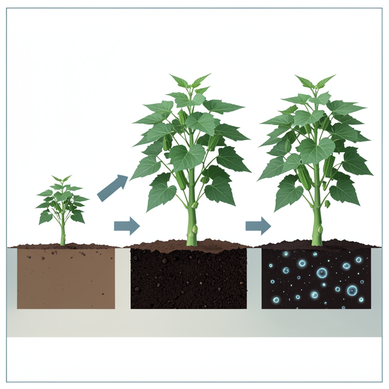 AI-generated conceptual illustration (okra plants (Abelmoschus esculentus)). It explains the idea and does not show study data.
