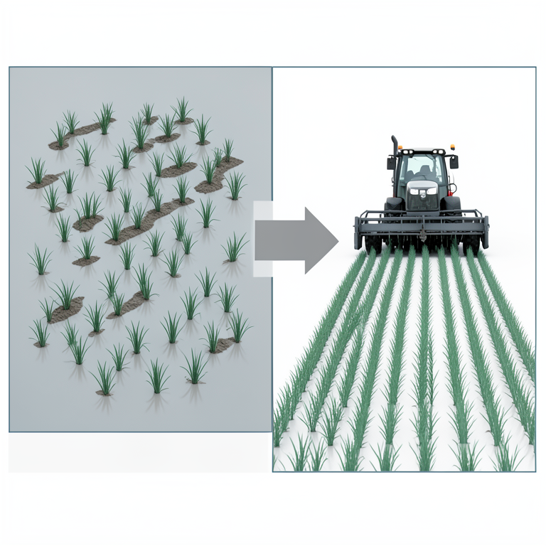 AI-generated conceptual illustration (rice plants and a self-propelled rice transplanter in a paddy field). It explains the idea and does not show study data.