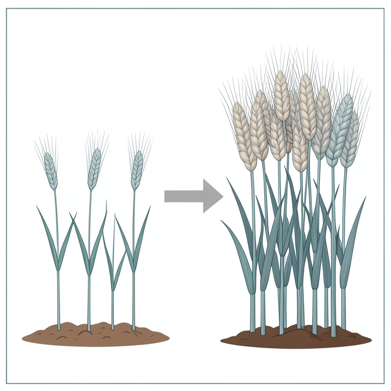 AI-generated conceptual illustration (Dicoccum wheat plants). It explains the idea and does not show study data.