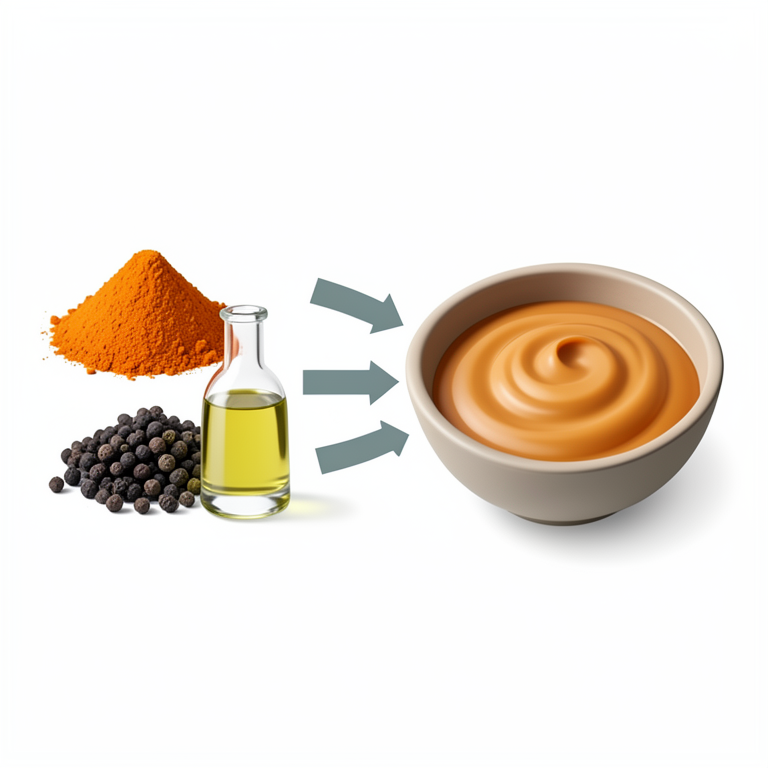 AI-generated conceptual illustration (turmeric powder, black pepper, and olive oil). It explains the idea and does not show study data.