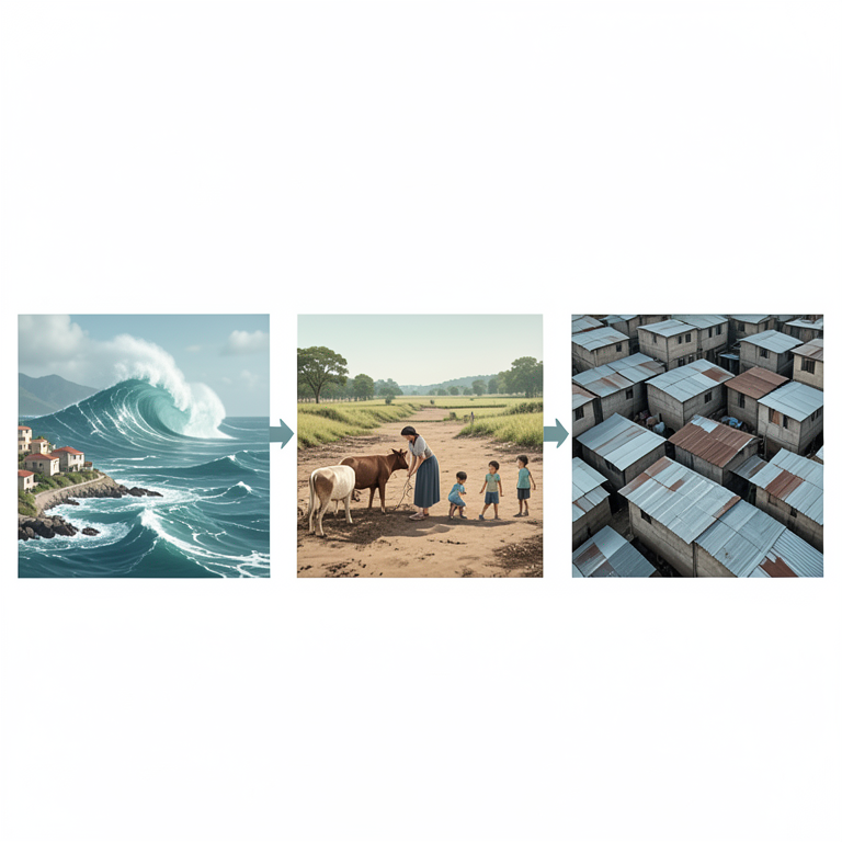 AI-generated conceptual illustration (South Asian coastal villages and urban slums). It explains the idea and does not show study data.