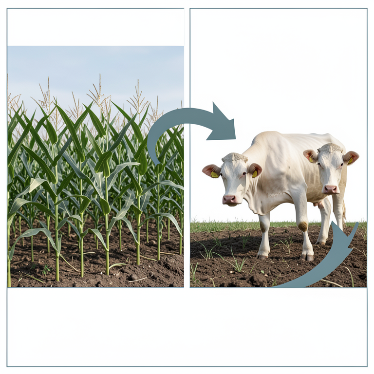 AI-generated conceptual illustration (cattle and maize plants on a small farm). It explains the idea and does not show study data.