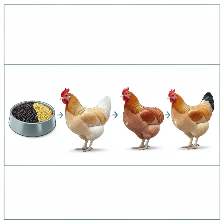 AI-generated conceptual illustration (broiler chickens and black soldier fly larvae meal). It explains the idea and does not show study data.