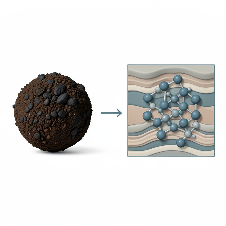 AI-generated conceptual illustration (Tropical soil profile with clay minerals and organic matter). It explains the idea and does not show study data.
