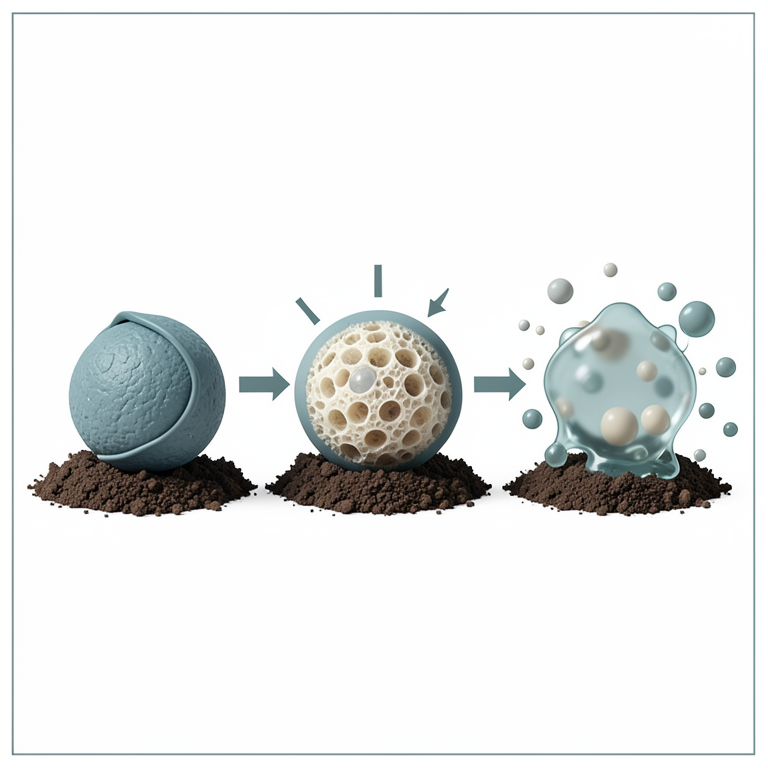 AI-generated conceptual illustration (polymer-encapsulated fertilizer granules in soil). It explains the idea and does not show study data.