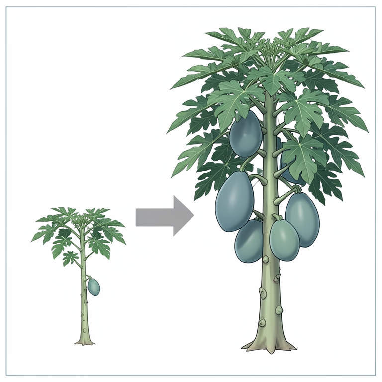 AI-generated conceptual illustration (Papaya cv. Red Lady plants). It explains the idea and does not show study data.