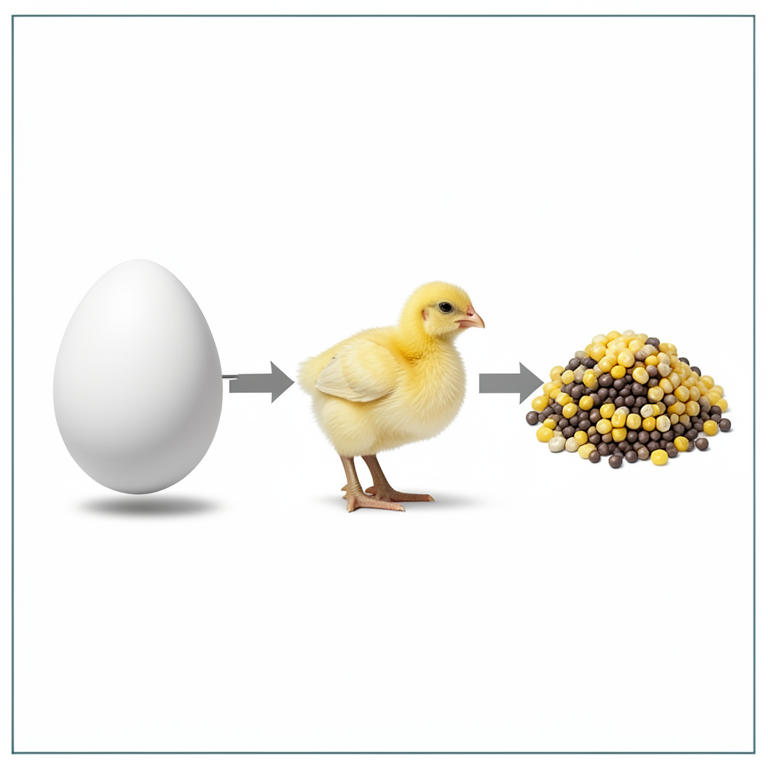 AI-generated conceptual illustration (broiler chicken embryos and hatchlings). It explains the idea and does not show study data.
