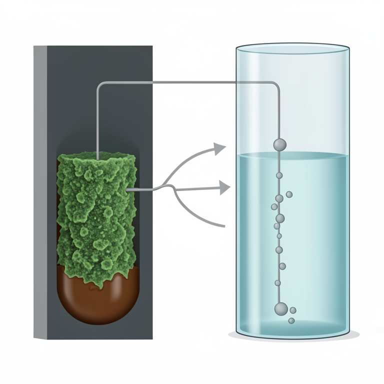 AI-generated conceptual illustration (dual-chamber microbial fuel cell with wastewater biofilms). It explains the idea and does not show study data.