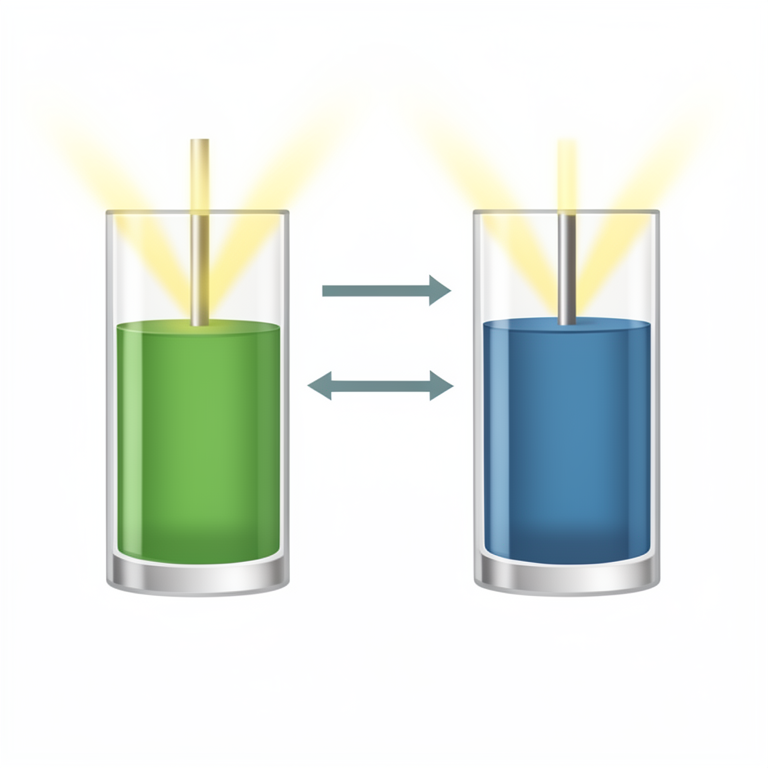 AI-generated conceptual illustration (Photogalvanic cells containing bromocresol green and naphthol blue black dyes in an electrolyte solution). It explains the idea and does not show study data.