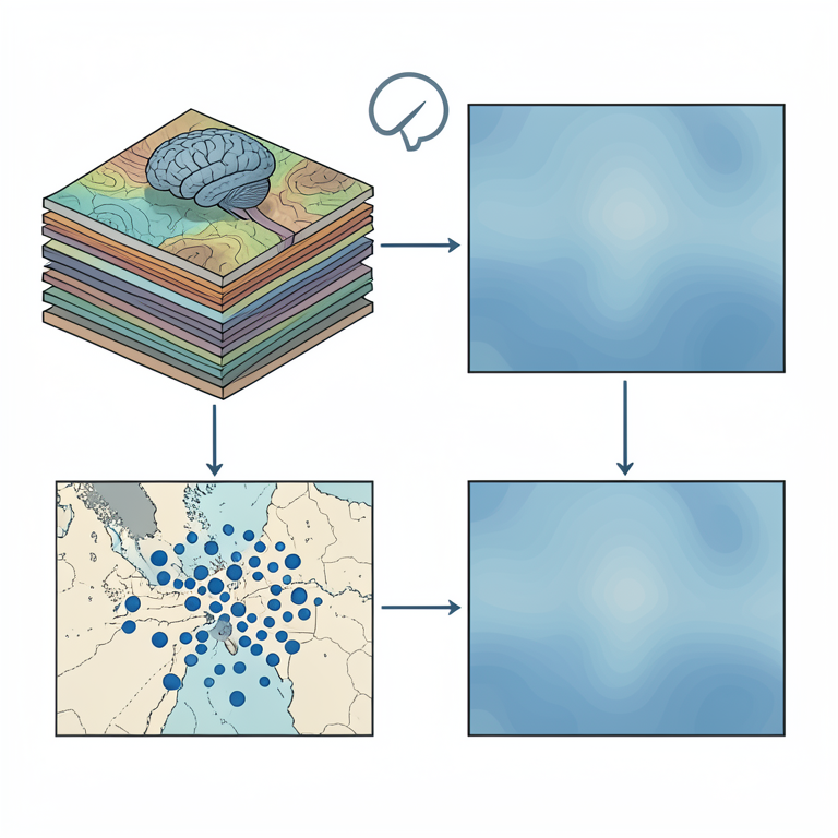 AI-generated conceptual illustration (Geographic Information System (GIS) environmental data layers and groundwater maps). It explains the idea and does not show study data.
