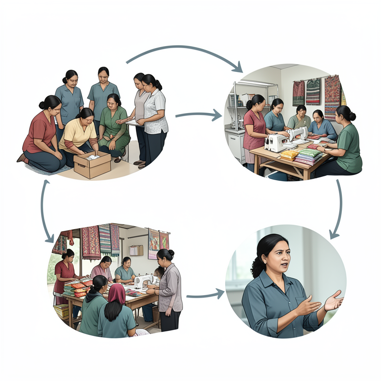 AI-generated conceptual illustration (Rural women in West Bengal, India, engaged in small-scale handicraft and food production). It explains the idea and does not show study data.
