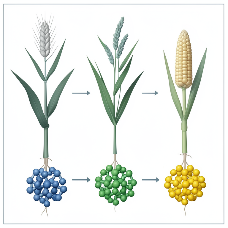 AI-generated conceptual illustration (wheat, rice, and maize plants). It explains the idea and does not show study data.