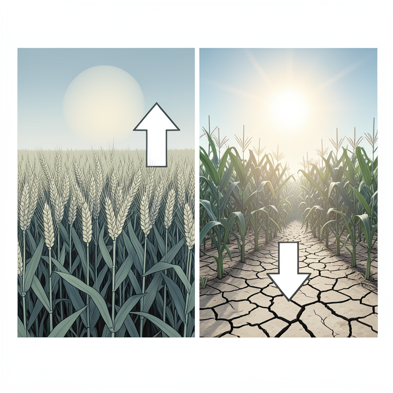 AI-generated conceptual illustration (Wheat and maize crops in temperate and tropical landscapes). It explains the idea and does not show study data.