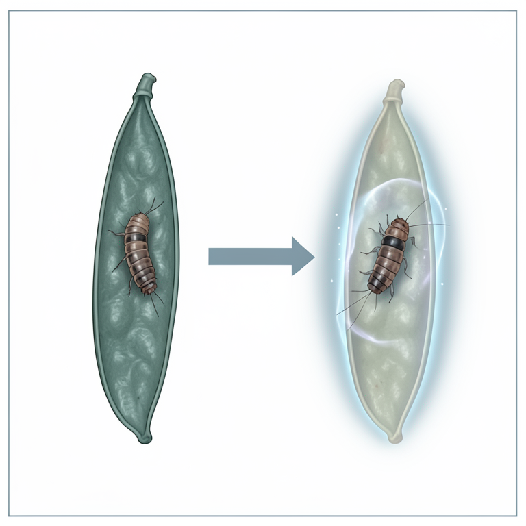 AI-generated conceptual illustration (black gram (Vigna mungo) pods and pod borer larvae). It explains the idea and does not show study data.