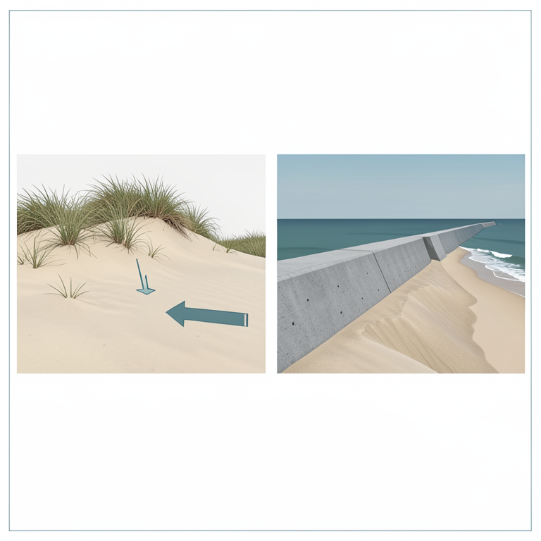 AI-generated conceptual illustration (Coastal sand dunes and a concrete seawall on the Kanthi coastal plain). It explains the idea and does not show study data.