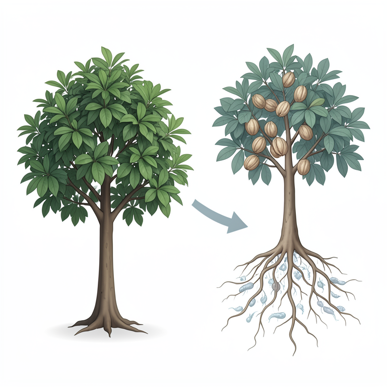 AI-generated conceptual illustration (Pecan trees (Carya illinoensis) and root-knot nematodes). It explains the idea and does not show study data.