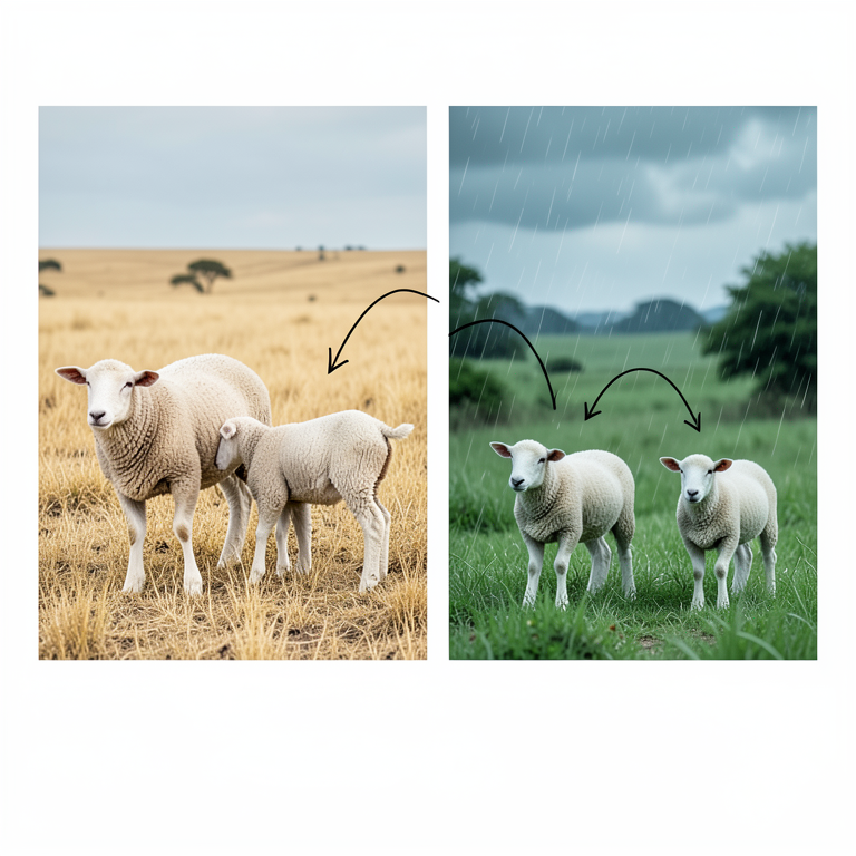 AI-generated conceptual illustration (indigenous Tanzanian sheep lambs). It explains the idea and does not show study data.