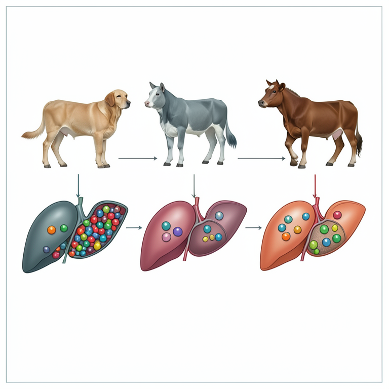 AI-generated conceptual illustration (Dog, cat, horse, and cow livers). It explains the idea and does not show study data.