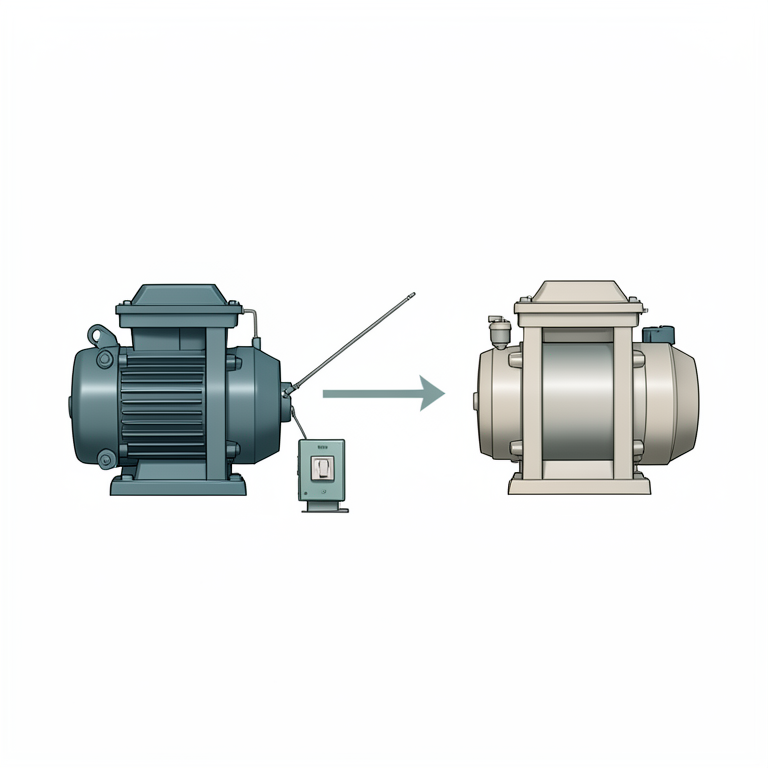 AI-generated conceptual illustration (Two industrial electric pumps in a standby redundant configuration with a transfer switch). It explains the idea and does not show study data.