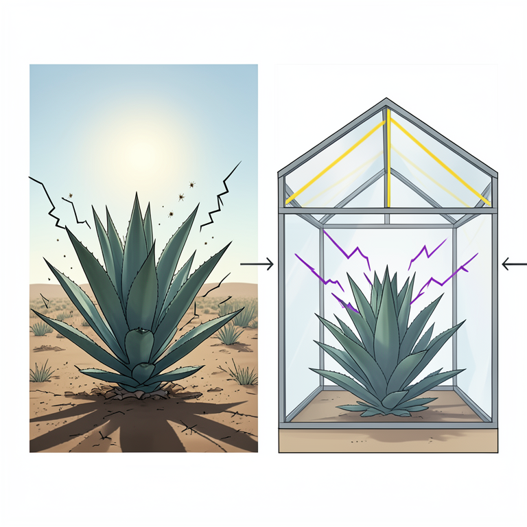 AI-generated conceptual illustration (Agave plants in a greenhouse and open field). It explains the idea and does not show study data.