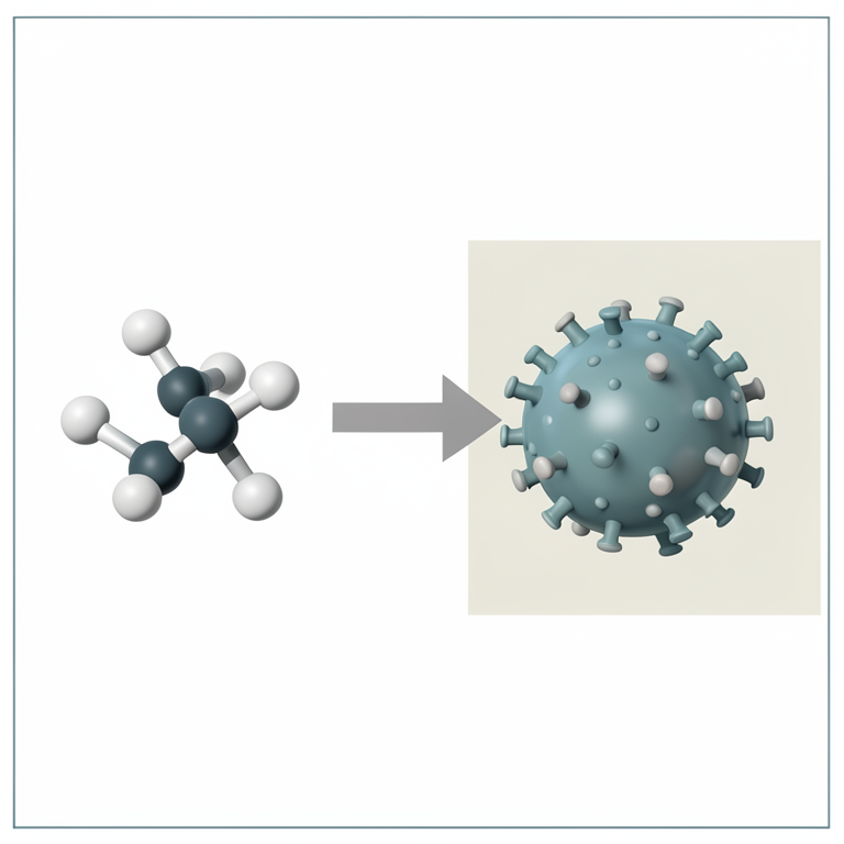 AI-generated conceptual illustration (thiazolo-triazino-thione chemical molecules and viral particles). It explains the idea and does not show study data.