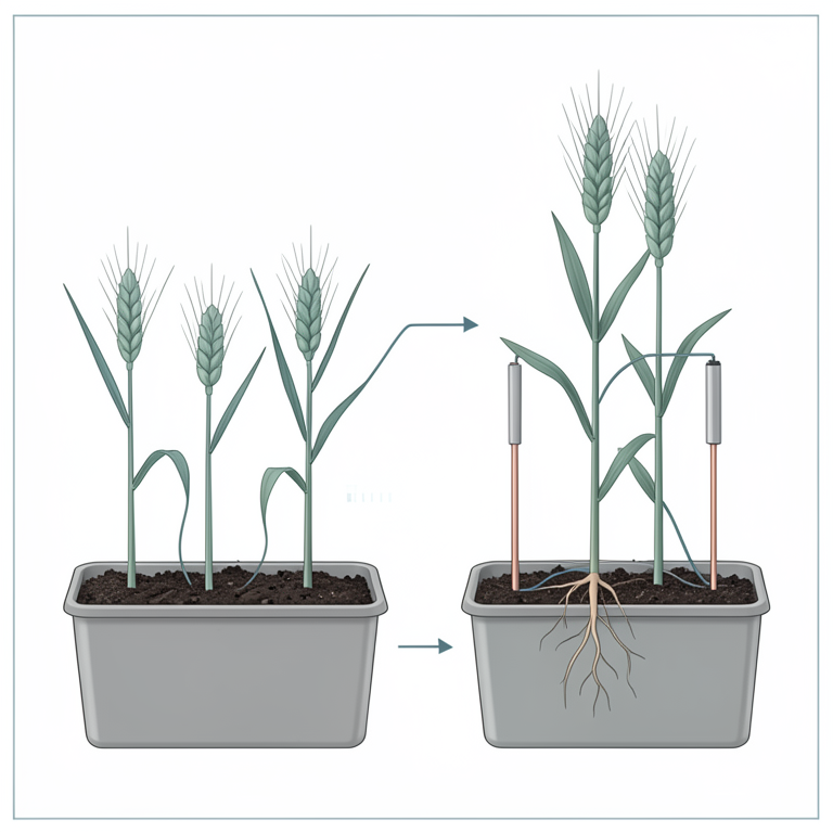 AI-generated conceptual illustration (wheat and barley seedlings in rectangular plant pots). It explains the idea and does not show study data.
