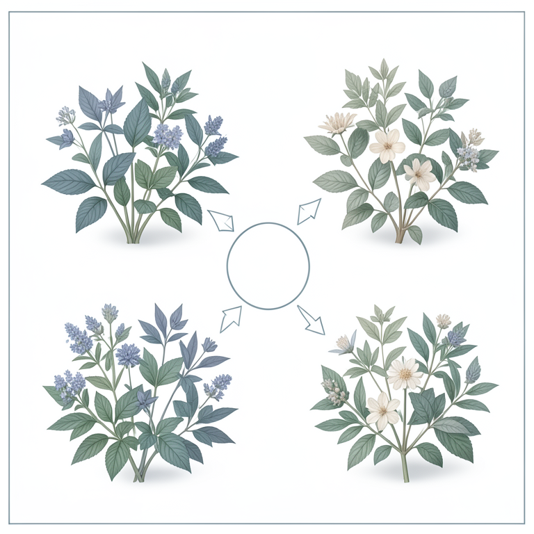 AI-generated conceptual illustration (Twelve diverse Ayurvedic medicinal plants from the Jammu region). It explains the idea and does not show study data.