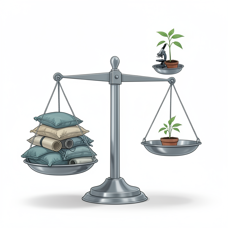 AI-generated conceptual illustration (Indian agricultural landscape with a balance scale). It explains the idea and does not show study data.