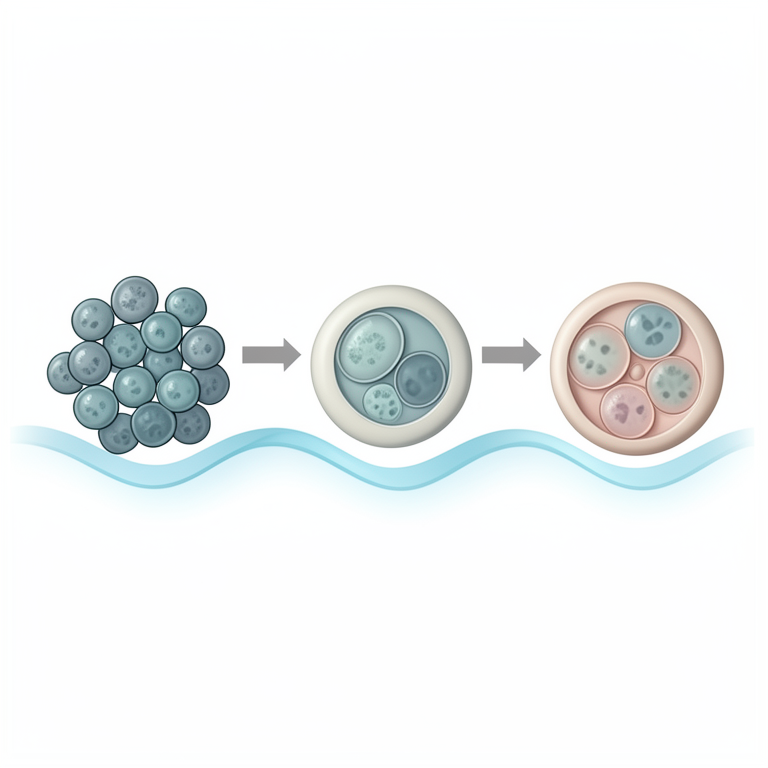 AI-generated conceptual illustration (mammalian primordial germ cells and early preimplantation embryos). It explains the idea and does not show study data.