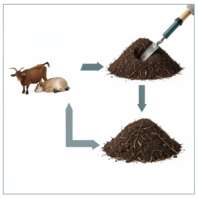 AI-generated conceptual illustration (bovine and goat manure compost piles). It explains the idea and does not show study data.