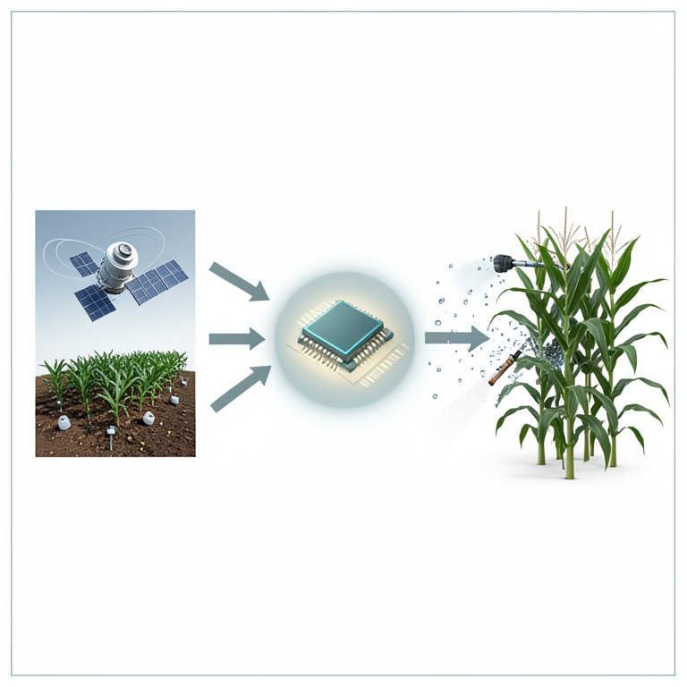 AI-generated conceptual illustration (smallholder maize farms with IoT soil sensors and climate satellites). It explains the idea and does not show study data.