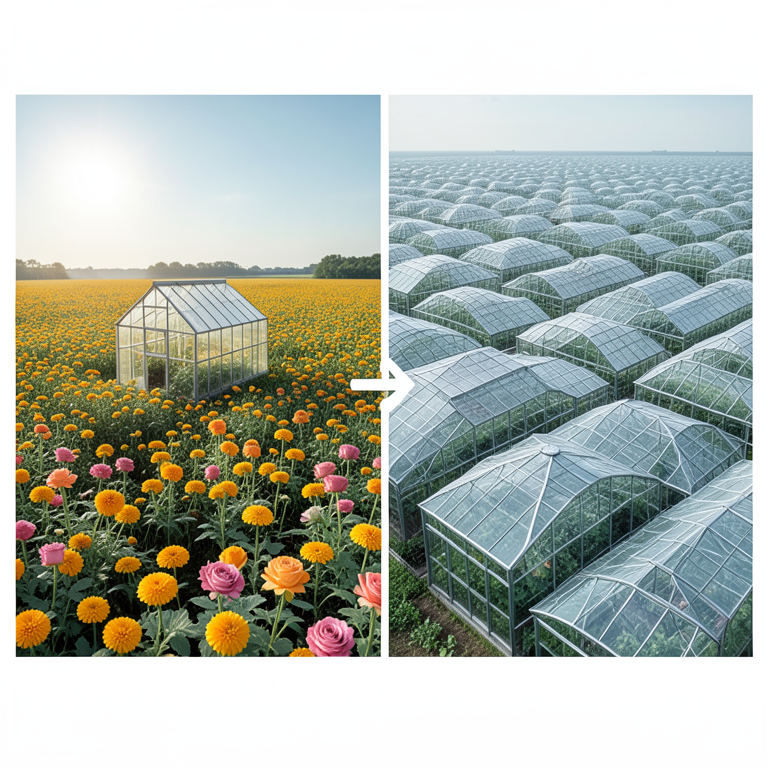 AI-generated conceptual illustration (commercial flower greenhouses in India and the Netherlands). It explains the idea and does not show study data.
