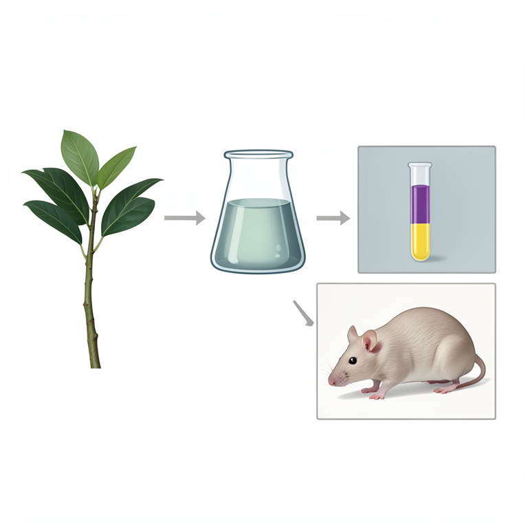 AI-generated conceptual illustration (Ficus iteophylla stem extracts and laboratory rats). It explains the idea and does not show study data.