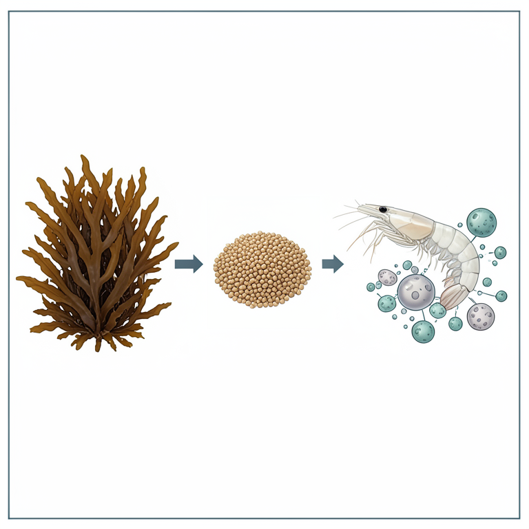 AI-generated conceptual illustration (White-leg shrimp (Penaeus vannamei) and brown seaweed (Sargassum johnstonii)). It explains the idea and does not show study data.
